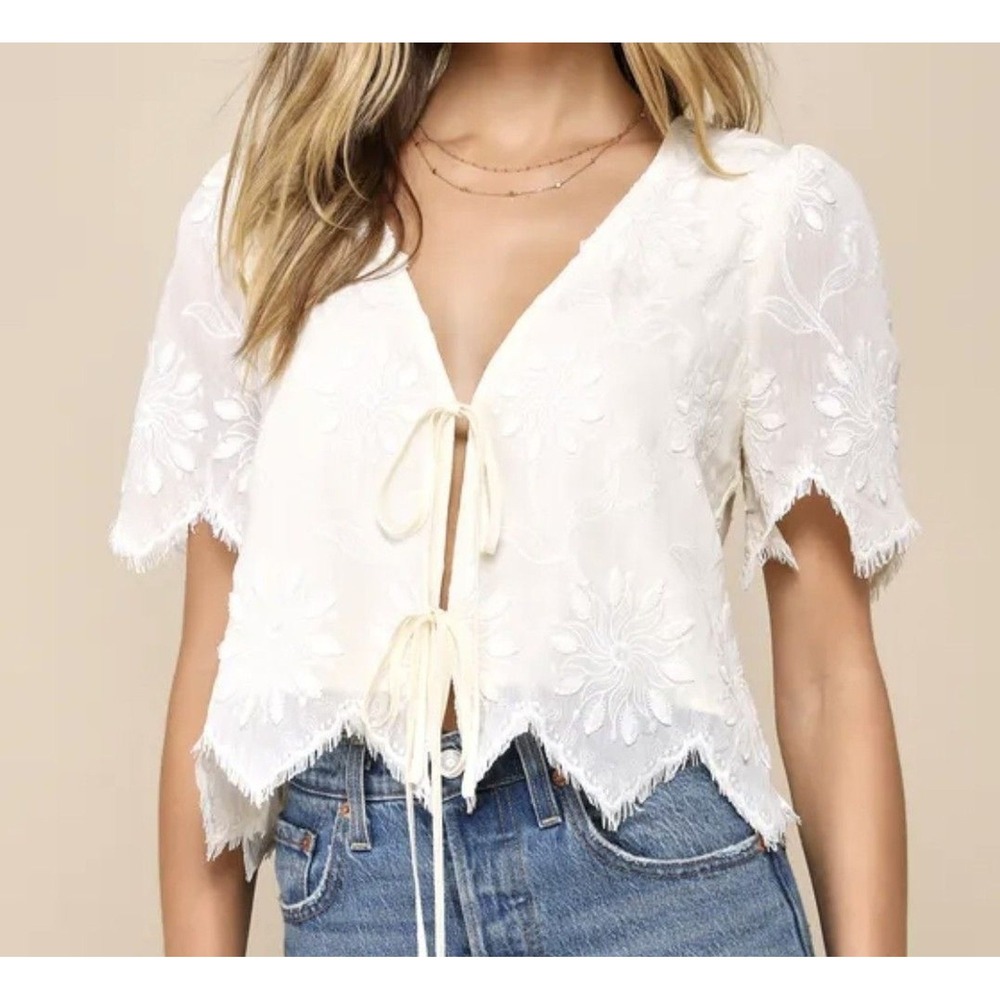 Lulu's Lace Ivory Embroidered Tie-Front Fringe Hem Top Medium Cardigan Romantic